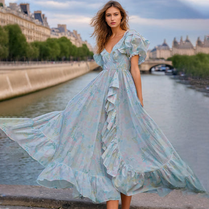 French Elegant Autumn off Neck Puff Sleeve Printed Ruffled Dress Women Sailfish