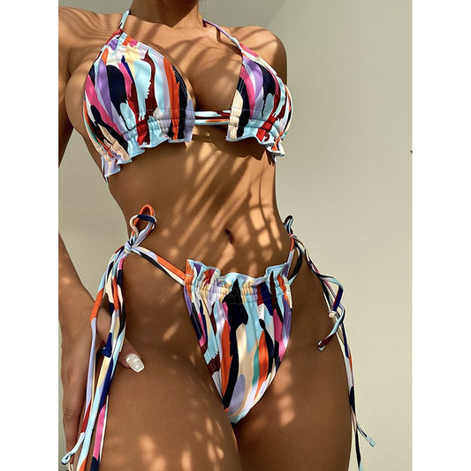 Traje de baño de bikini de primavera con cuello halter estampado y cordones con abertura de tres puntos para mujer