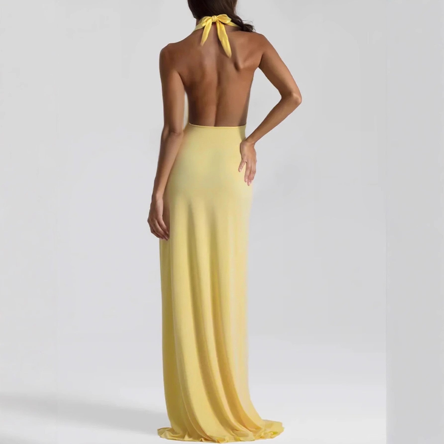 Vestido largo sexy con escote en V profundo y cordones en la espalda para mujer