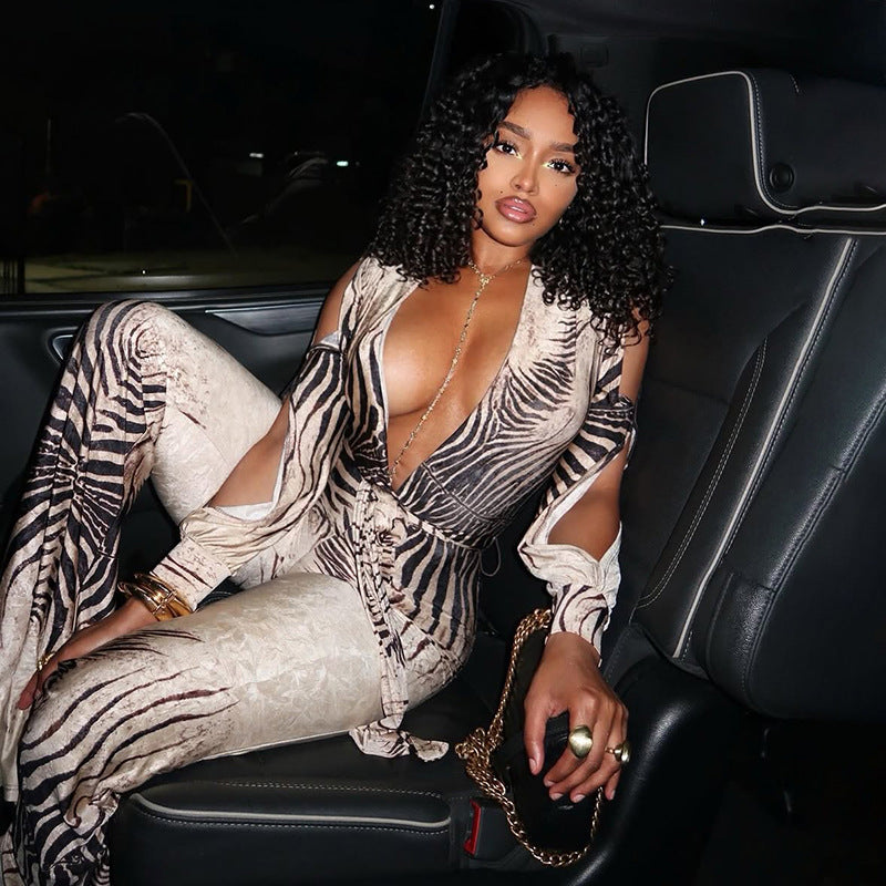 Sexy Deep V Plunge off-Shoulder Top High Waist Bootcut Pants Jumpsuit Cecil