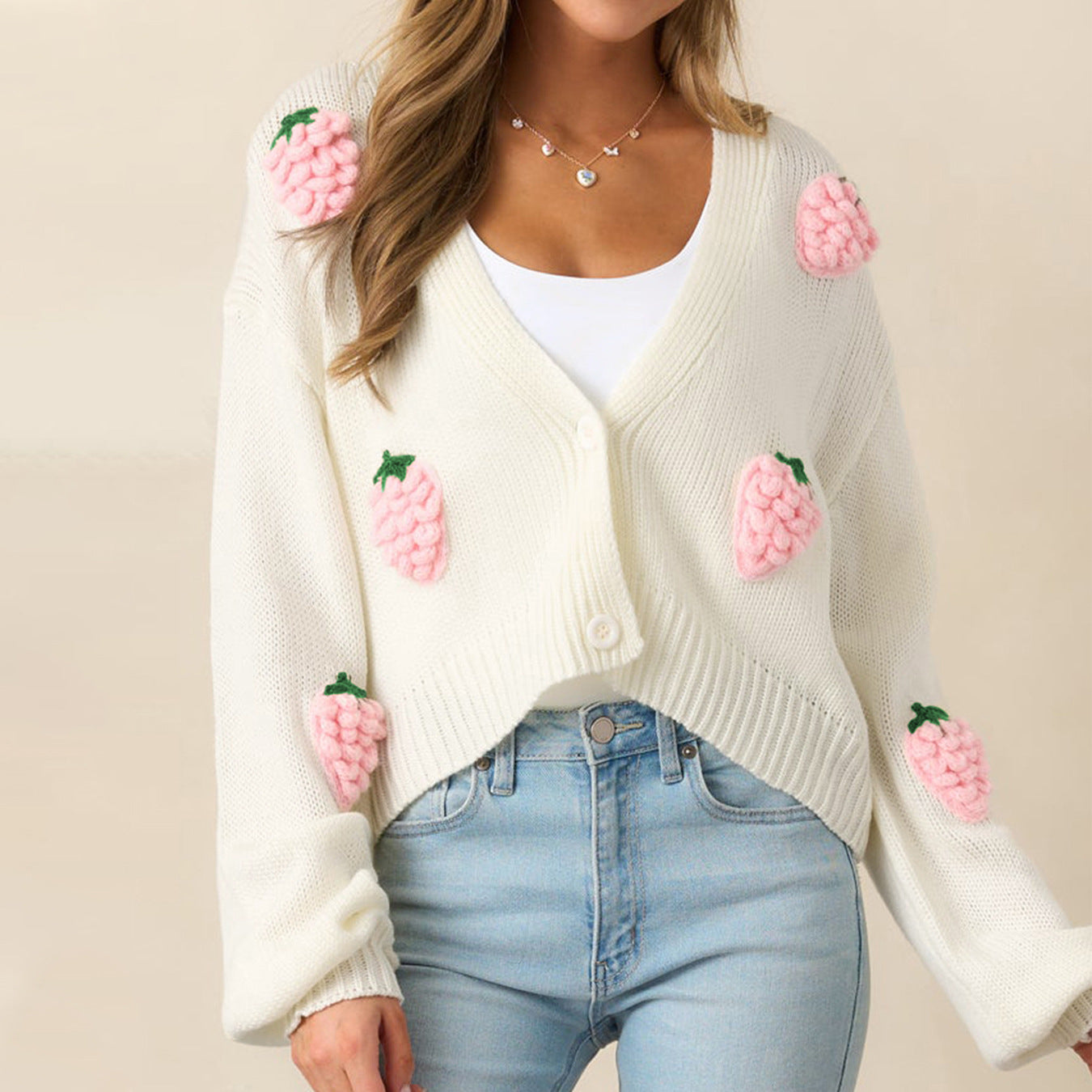 Suéter elegante tipo cárdigan con estampado de fresa en 3D para mujer, suéter de manga larga con botones para otoño e invierno.