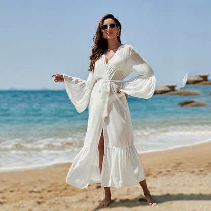 Cárdigan largo de gasa con mangas acampanadas y protección solar para playa, bikini, traje de baño, blusa