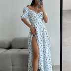 Summer Women Clothing Fresh Sweet Square Collar Long Floral Dress Romance