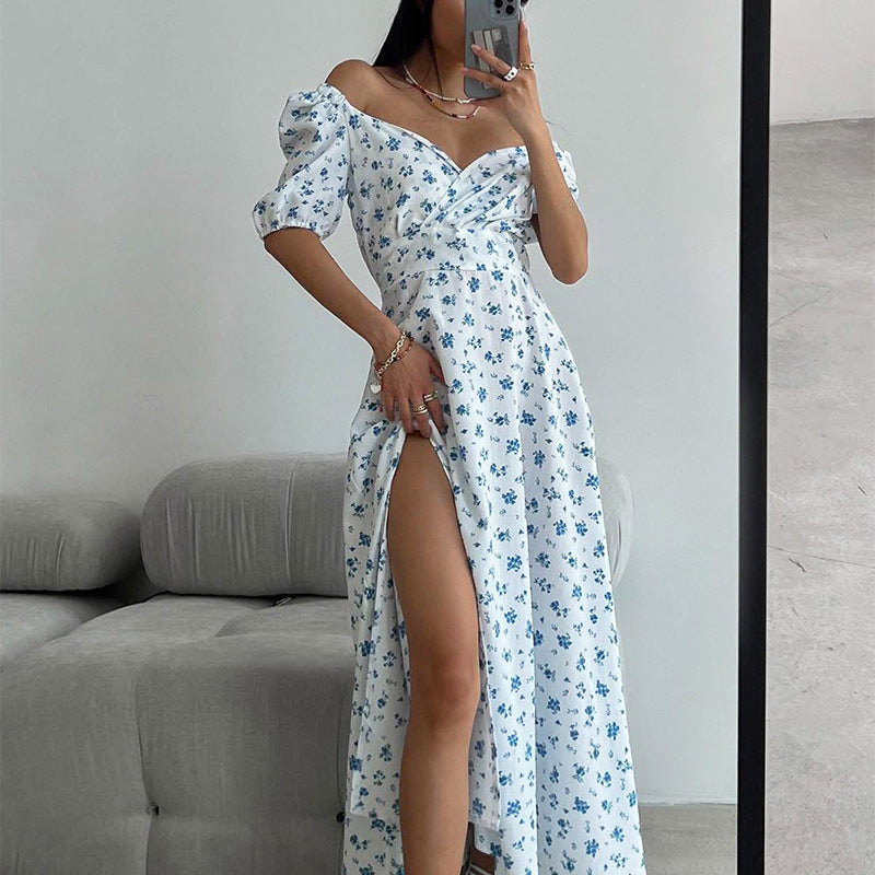 Summer Women Clothing Fresh Sweet Square Collar Long Floral Dress Romance