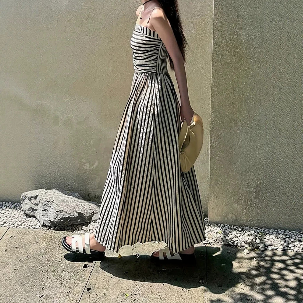 Waist Controlled Slim Fit Slimming Pleated Large Swing Vacation Maxi Dress Korean Black White Striped Tube Top Cami Dress EverBillion