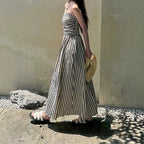 Waist Controlled Slim Fit Slimming Pleated Large Swing Vacation Maxi Dress Korean Black White Striped Tube Top Cami Dress EverBillion