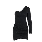 Robe fourreau sexy à une épaule et manches longues plissée et scintillante pour femme