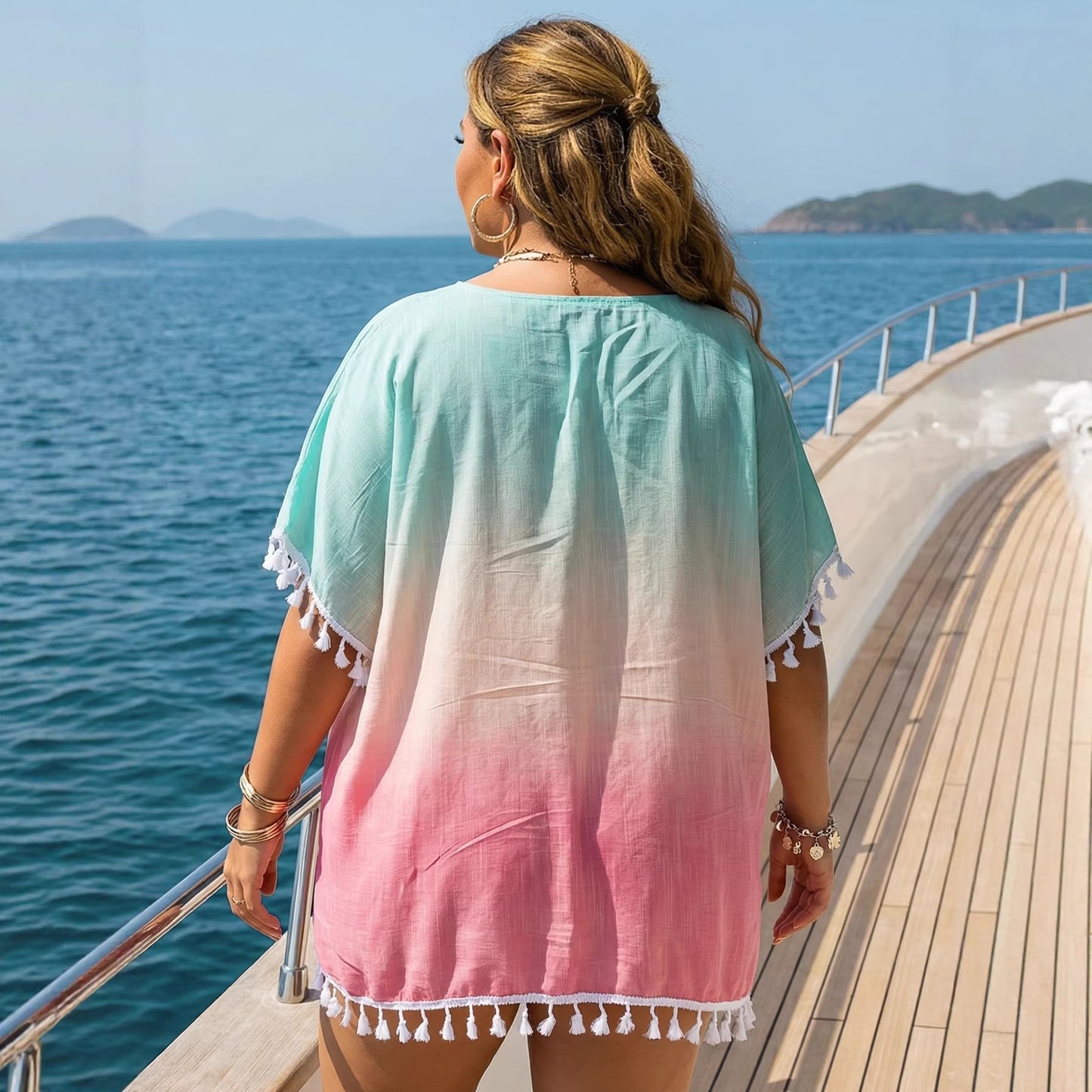 Women Clothes Women Casual Loose Gradient Printing Tassel Stitching T shirt Beach Cover up Oyimi