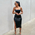 Vestido de noche de piel sintética con escote en V profundo, sexy, con cordones y espalda descubierta, de color liso, personalizado