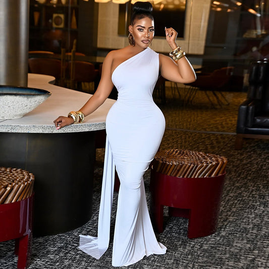 Women Clothing Tied Slim Fit Design Slimming Hip Pleated Diagonal Collar Shoulder Solid Color Length Dress