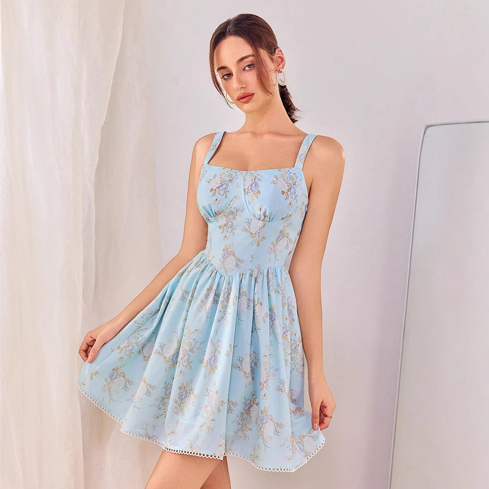 Spring Summer Women Clothing Sexy Dress Printed Backless Seaside Holiday Suspender TAJA