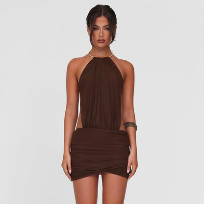 Summer Women Clothes Metal Ring Halter Sexy Backless Lace up Hip Dress