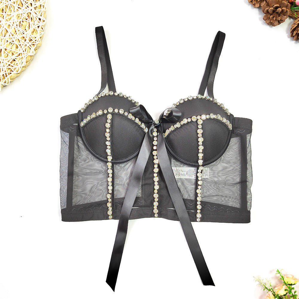 Sexy See Through Lace Chiffon Top Beaded Light Diamond Sleeveless Tube Top Hipster Slim Fit Bow Sling Kanuner