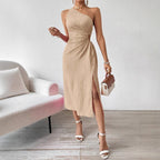 Spring Summer Elegant Sexy Sleeveless Shoulder Diagonal Collar Solid Color Slit Dress Women AXE