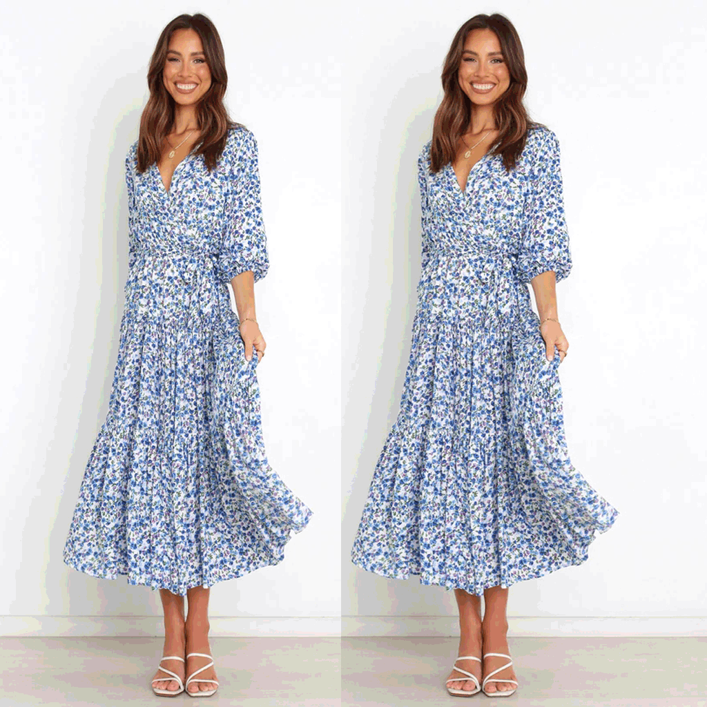 Spring Summer Floral Fresh Sweet Mid-Sleeve V neck Dress XUYUN
