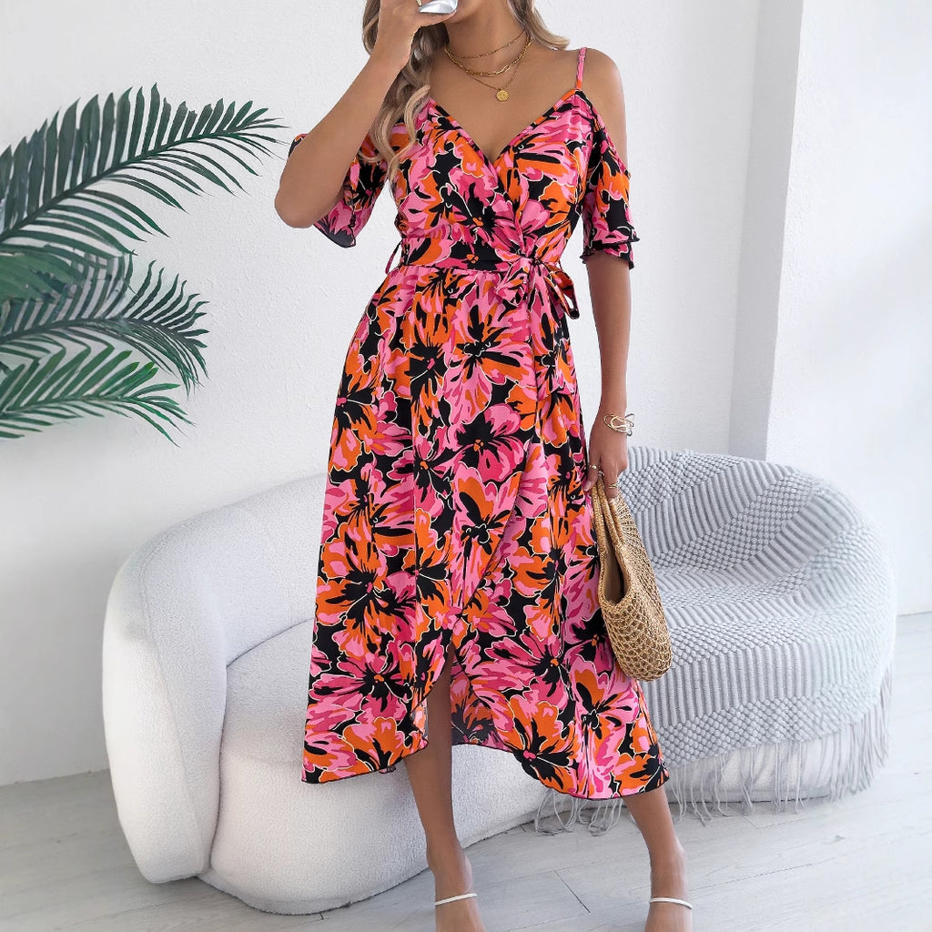 Spring Summer Strapless Cross V neck Floral Strap Dress Holiday Dress Women Clothing BAGIISA