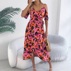 Spring Summer Strapless Cross V neck Floral Strap Dress Holiday Dress Women Clothing BAGIISA