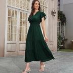 Elegant Dark Embossed Cross Collar Ruffle Sleeve Smocking Waist Multi Layer Hem Maxi Dress AIYOYA
