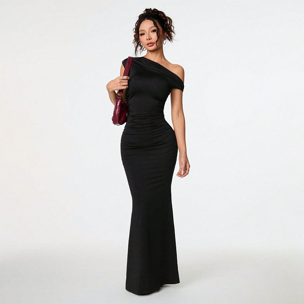 Women Clothing Sexy Socialite Dress Summer Off Shoulder Oblique Collar Black Formal Dress Yiskiss