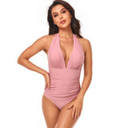 Traje de baño de una pieza de color sólido Traje de baño plisado con cuello halter Traje de baño de una pieza popular