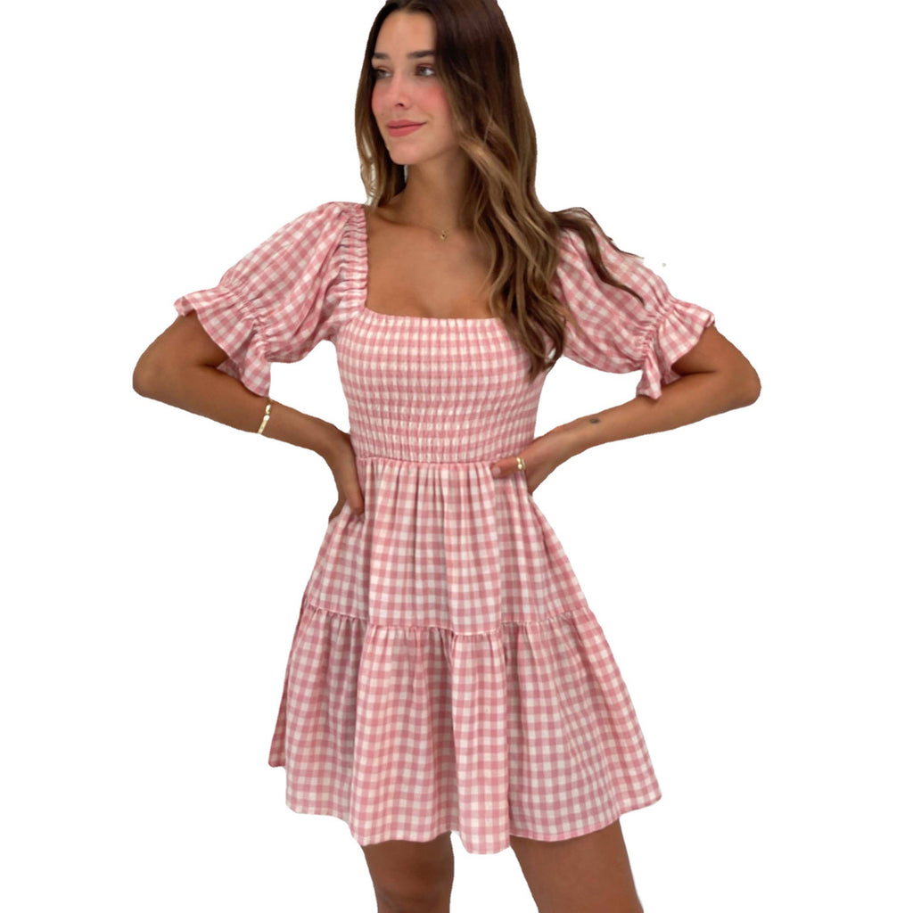 Summer Printed Checks Pleated Corset Casual Dress DreamFashion
