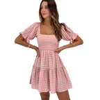 Summer Printed Checks Pleated Corset Casual Dress DreamFashion