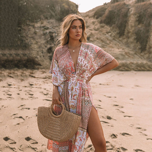 Spring Printed Dress Women Bohemian Irregular Asymmetric Pattern Print Beach Sun Shield Hanfu Long Robe Women