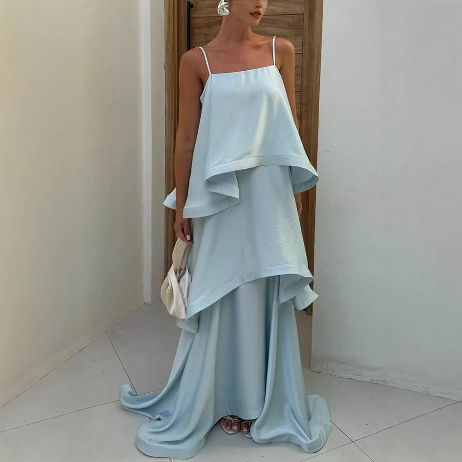 Spring Summer Satin Sling Multi Layer Dress Casual Loose Vacation Dress Oyrina