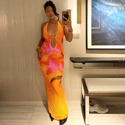 Spring Women Clothing Personalized Printing Hollow Out Cutout Slim Fit Halter Lace up Sheath Dress