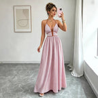 Casual Sleeveless Halter Fitted Waist Striped Color Matching Long Maxi Dress AXE
