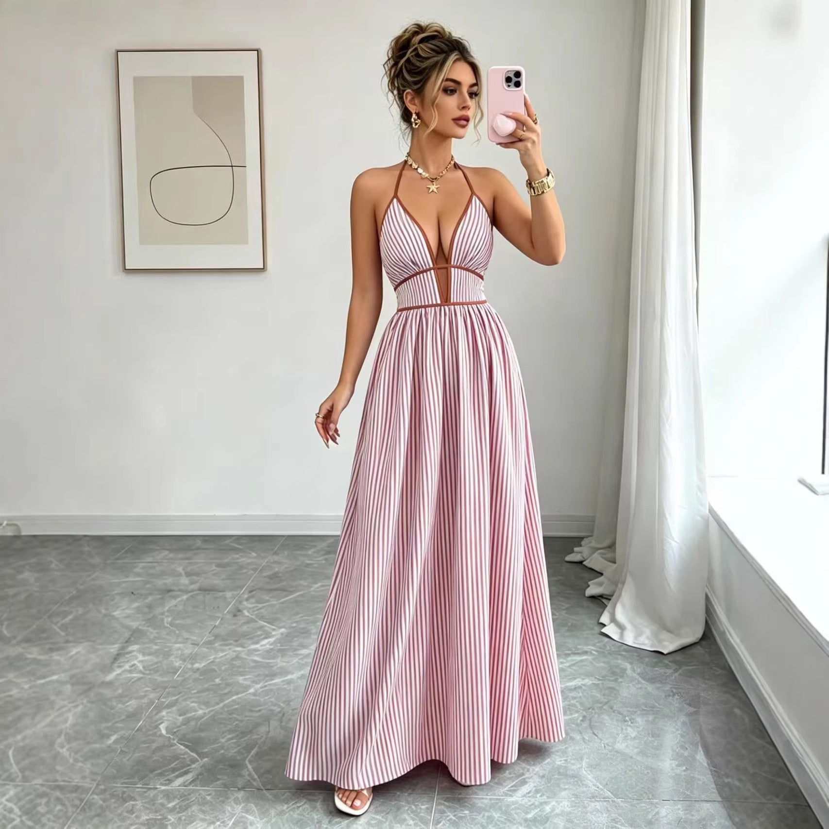 Casual Sleeveless Halter Fitted Waist Striped Color Matching Long Maxi Dress AXE