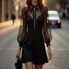 Mesh Stitching Long Sleeves Dress Neckline Strap Elegant Retro Lace V neck Dress Venly