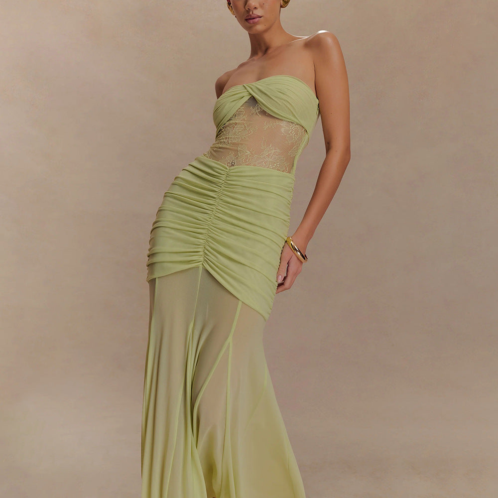 Summer Sleeveless Tube Top Dress Sexy Pleated Hollow Out Cutout Slim Dress for Women HLZYCS