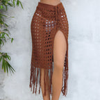 Vestido de mujer sexy con aberturas, tejido con encaje y borlas, falda de playa dividida