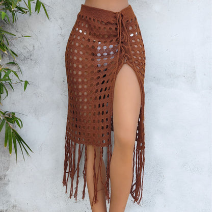 Women Clothing Sexy Cutout Woven Lace up Tassel Dress Split Beach Skirt