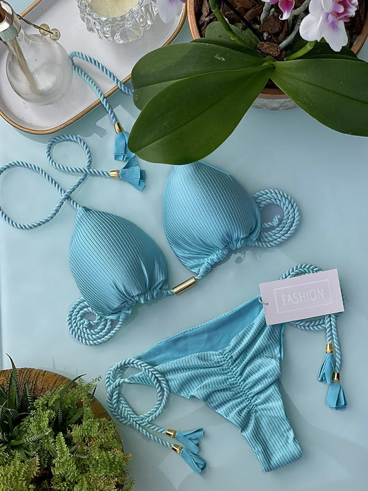 Bikini especial de color sólido con trenza de cuerda, traje de baño multicolor.