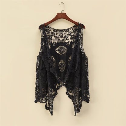 Women Summer Coat Thin Coat Sleeveless Lace Cardigan All Match Shawl Beachwear Sun Protection Clothing Women Hollow Out Cutout Shirt