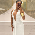 Women Halter Deep V Plunge Pleated Slim Fit Mopping Dress Slimming Sheath Fishtail Dress YUni