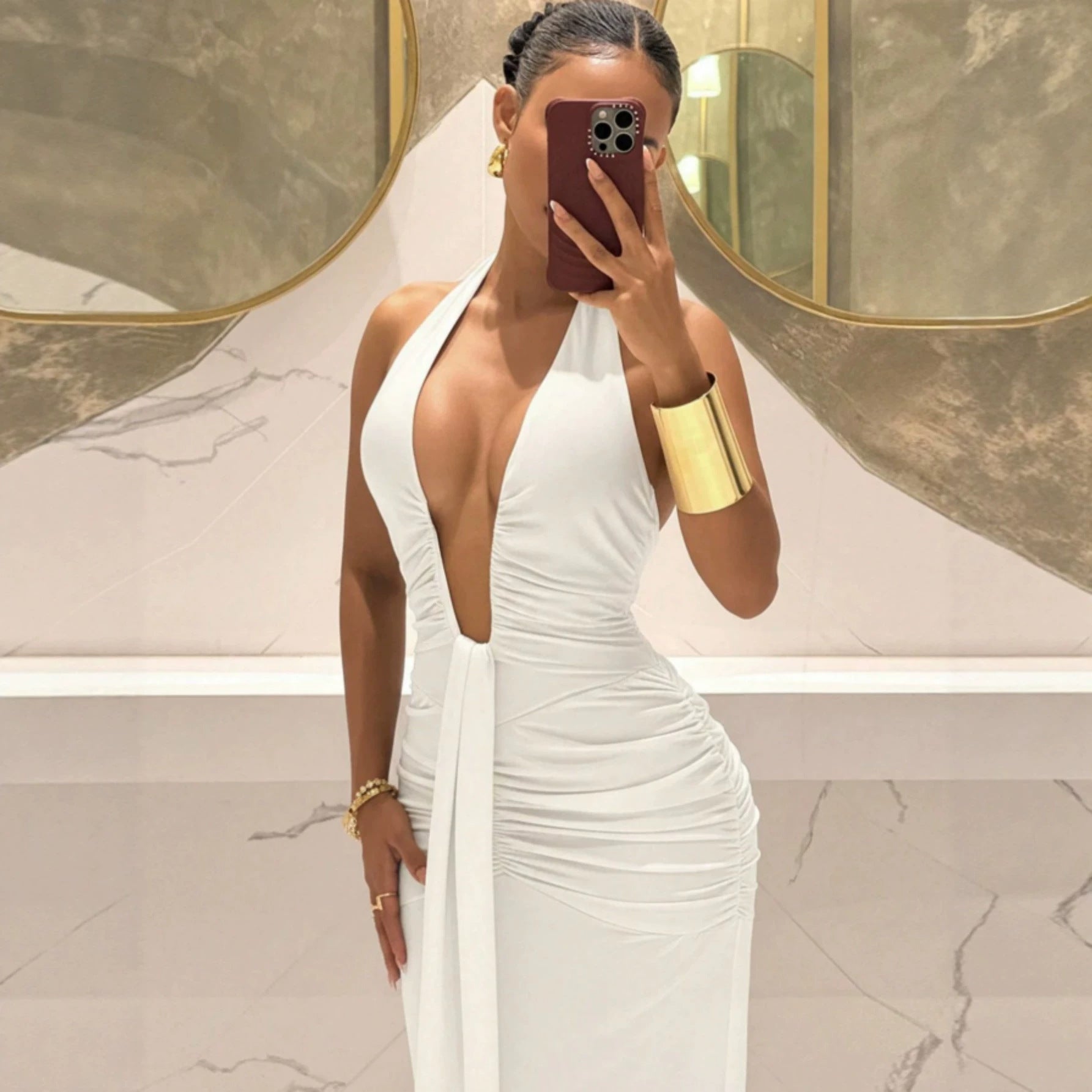 Women Halter Deep V Plunge Pleated Slim Fit Mopping Dress Slimming Sheath Fishtail Dress YUni