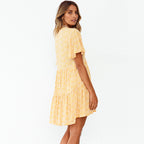 Spring Summer New V-neck Flared Short Sleeve Printed Pleated Large Swing Dress Women Clothing Angel
