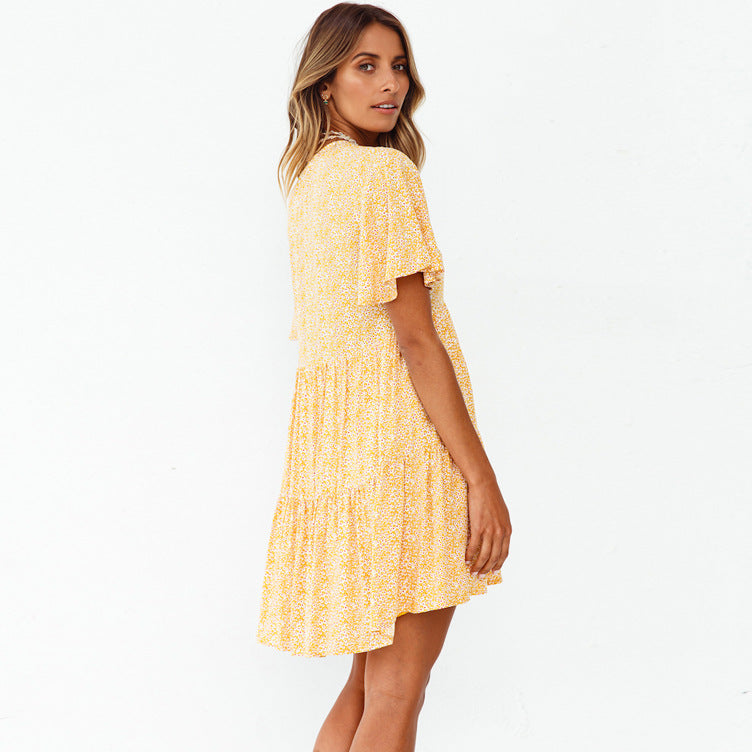 Spring Summer New V-neck Flared Short Sleeve Printed Pleated Large Swing Dress Women Clothing Angel