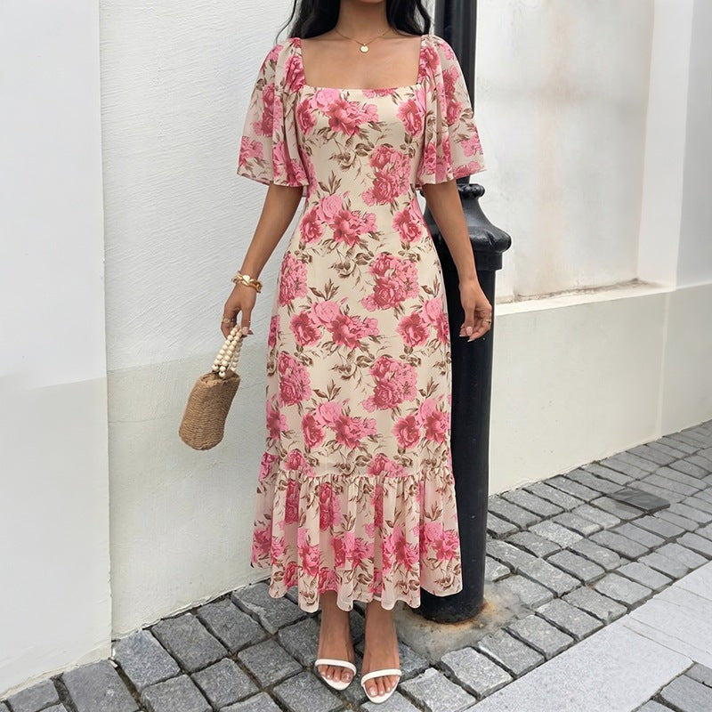 Square Collar Hip Dress Summer Ruffle Sleeve Evening Dress Lace up Backless Slim Mesh Dress Jeme