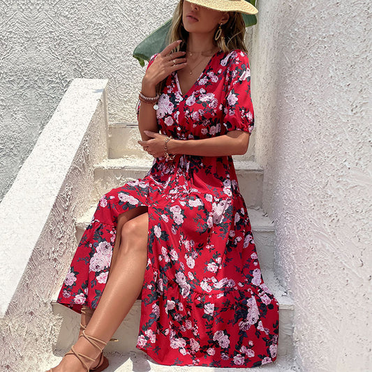Summer Women Wear Printed V neck Split Dress for Women