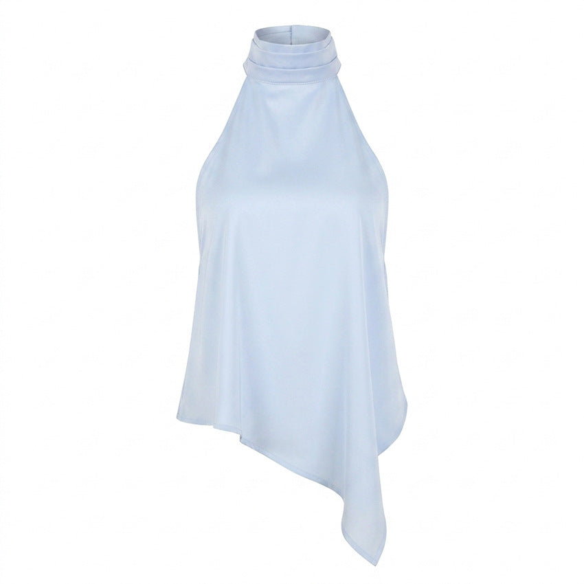 Summer Sky Blue Halter Backless Small Sling Women Irregular Asymmetric Embellished Satin Sexy Sleeveless Elegant Top FOREVEREIGHTEEN