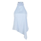 Summer Sky Blue Halter Backless Small Sling Women Irregular Asymmetric Embellished Satin Sexy Sleeveless Elegant Top FOREVEREIGHTEEN