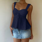 All Match Bow Design Solid Color Casual Sling Low Collar Top Splendor