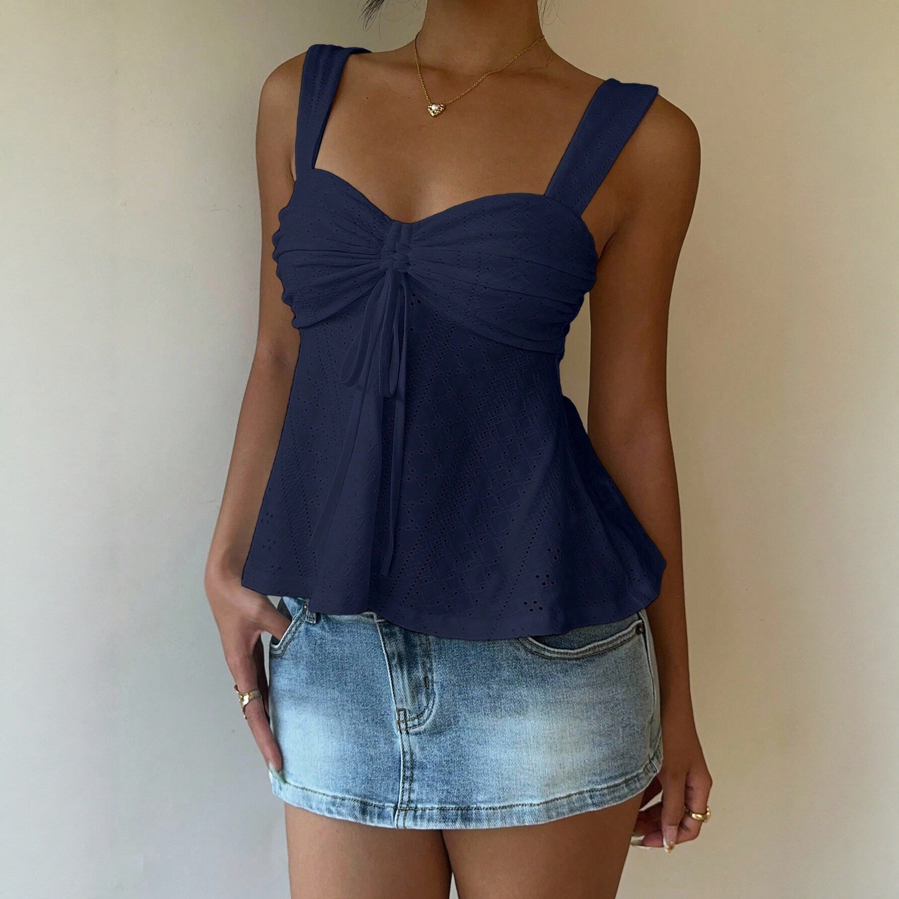 All Match Bow Design Solid Color Casual Sling Low Collar Top Splendor
