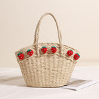 Bonita cesta de verduras portátil con forma de fresa, bolsa de paja de gran capacidad para llevar en la mano, bolsa de playa para vacaciones, bolsa tejida a mano 