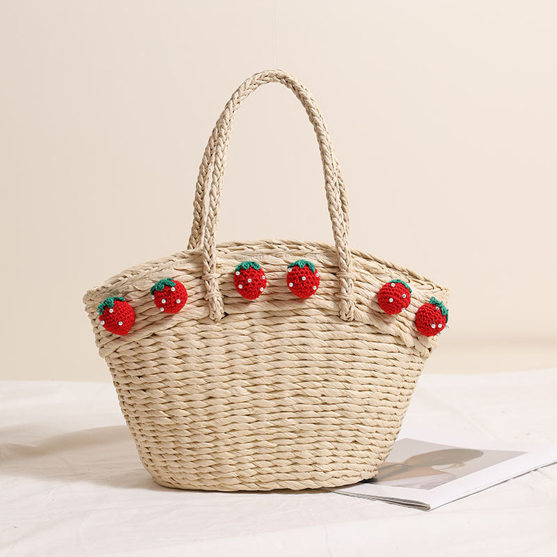 Bonita cesta de verduras portátil con forma de fresa, bolsa de paja de gran capacidad para llevar en la mano, bolsa de playa para vacaciones, bolsa tejida a mano 