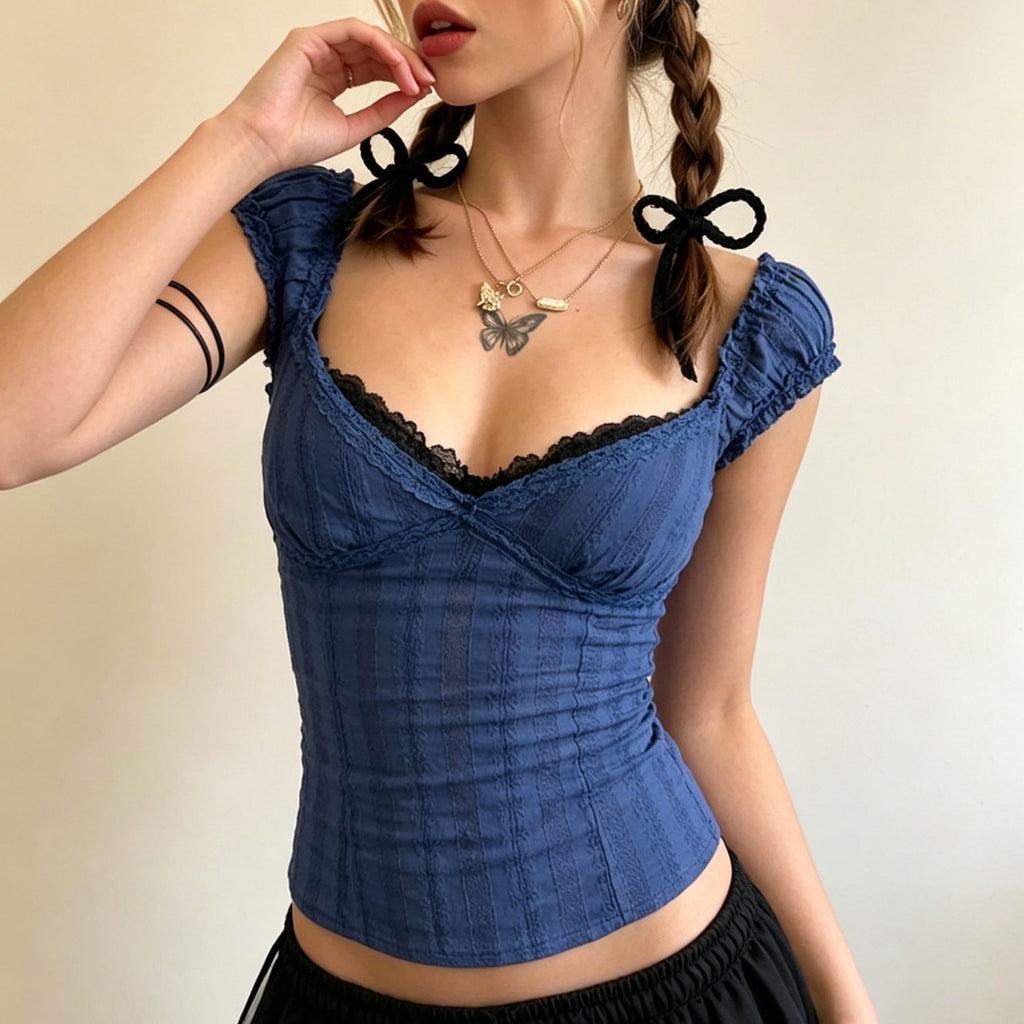 Lace Stitching Collar Solid Color Summer Outer Wear Thin Niche Design Casual Short Sleeve T shirt Top LingSharp